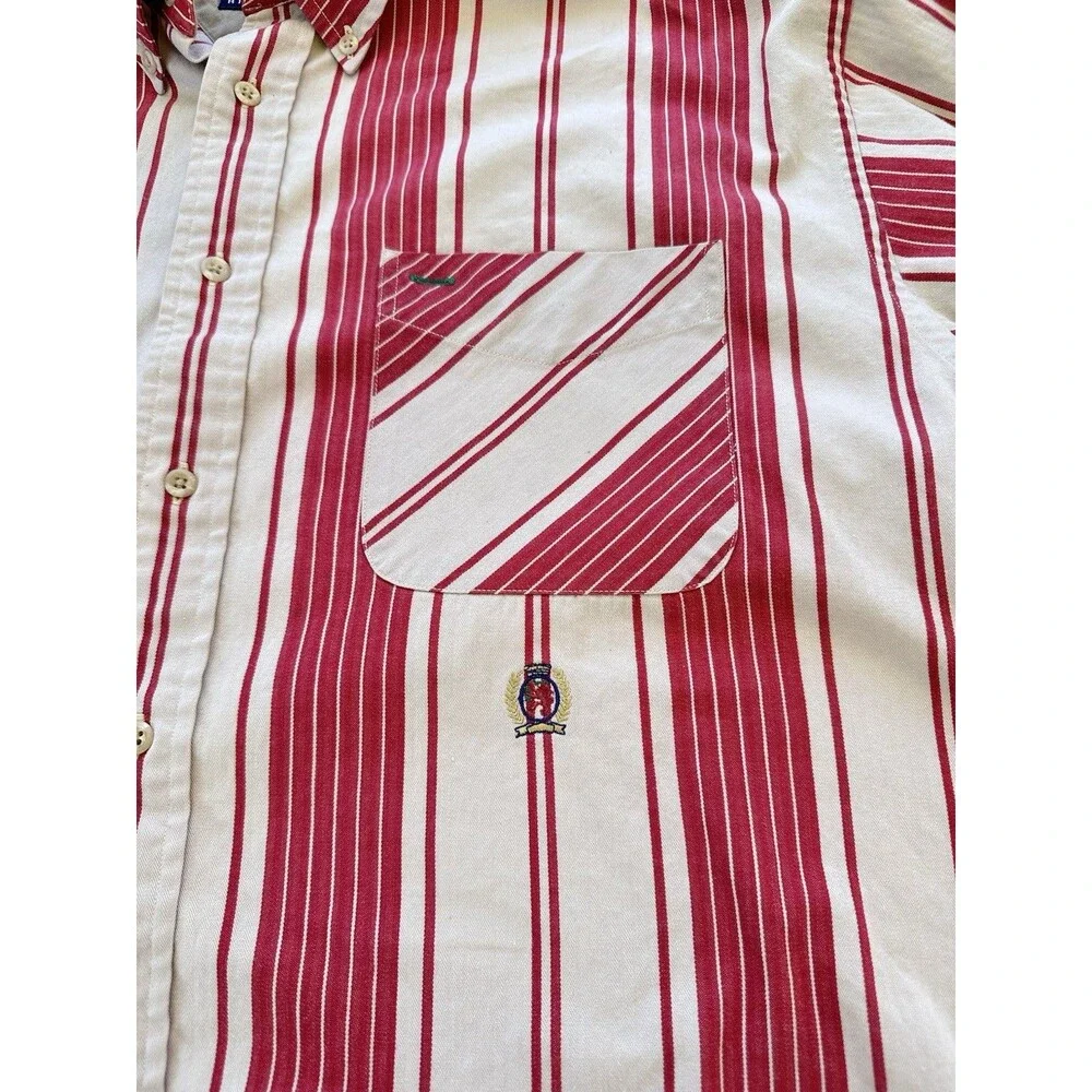 VTG Tommy Hilfiger Button Down Shirt Men's Lg Maroon Red‎ Tan Stripes Crest 90s